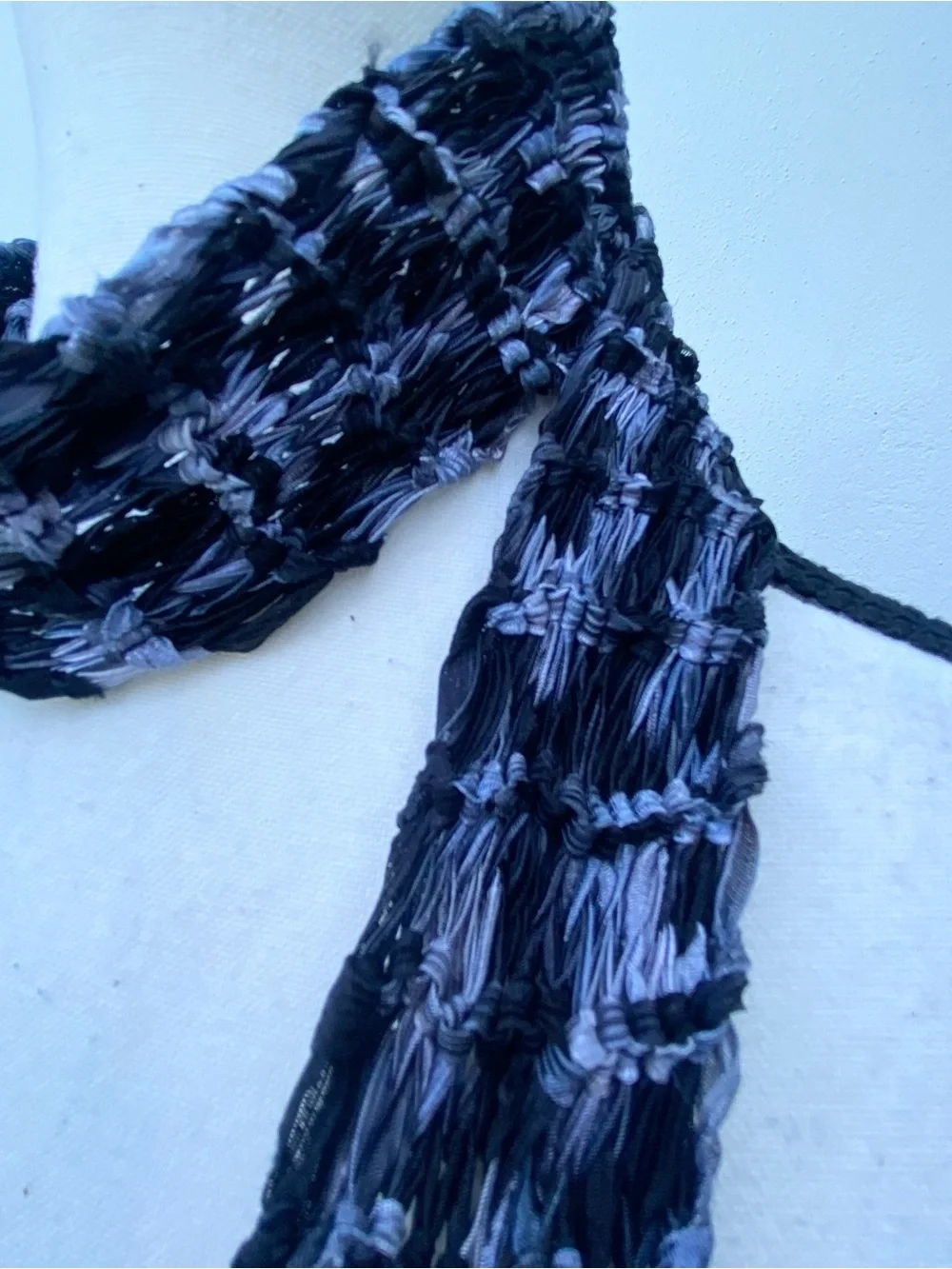 Y2K Black & Blue Crochet Satin Knit Skinny Fringe Scarf